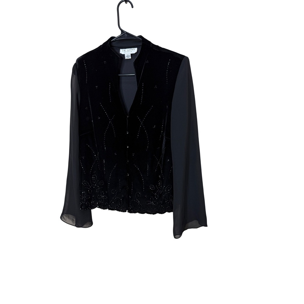 JR Nites by Carol Lin Black Velvet Sheer Sleeve Beaded Blouse Top Size 10